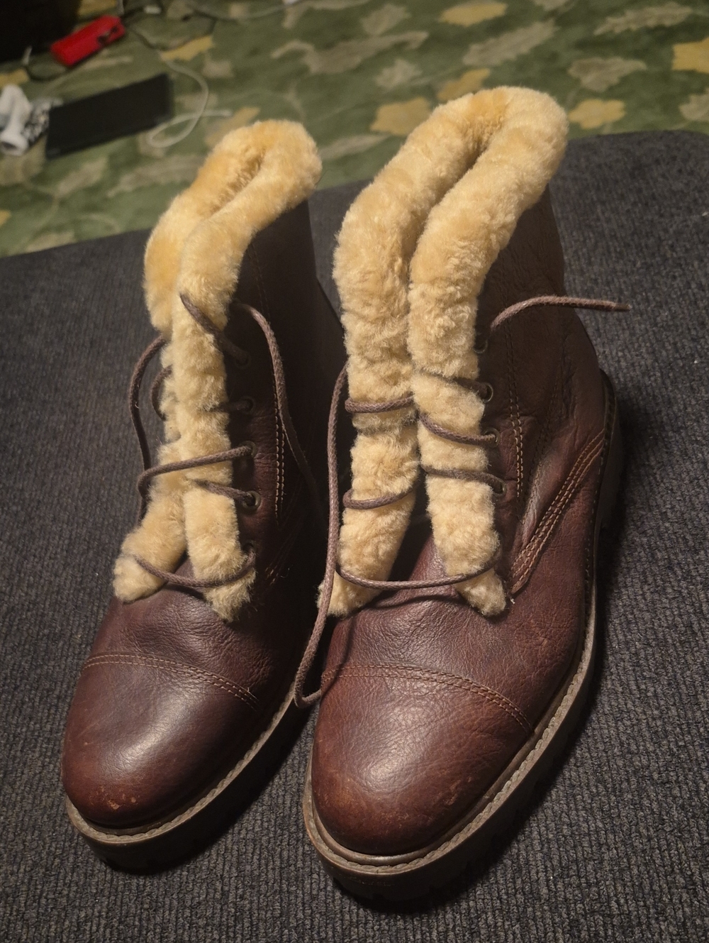 Polo by Ralph Lauren Brown Leather Lace-Up Ankle Boots with Cream Shearling Trim
